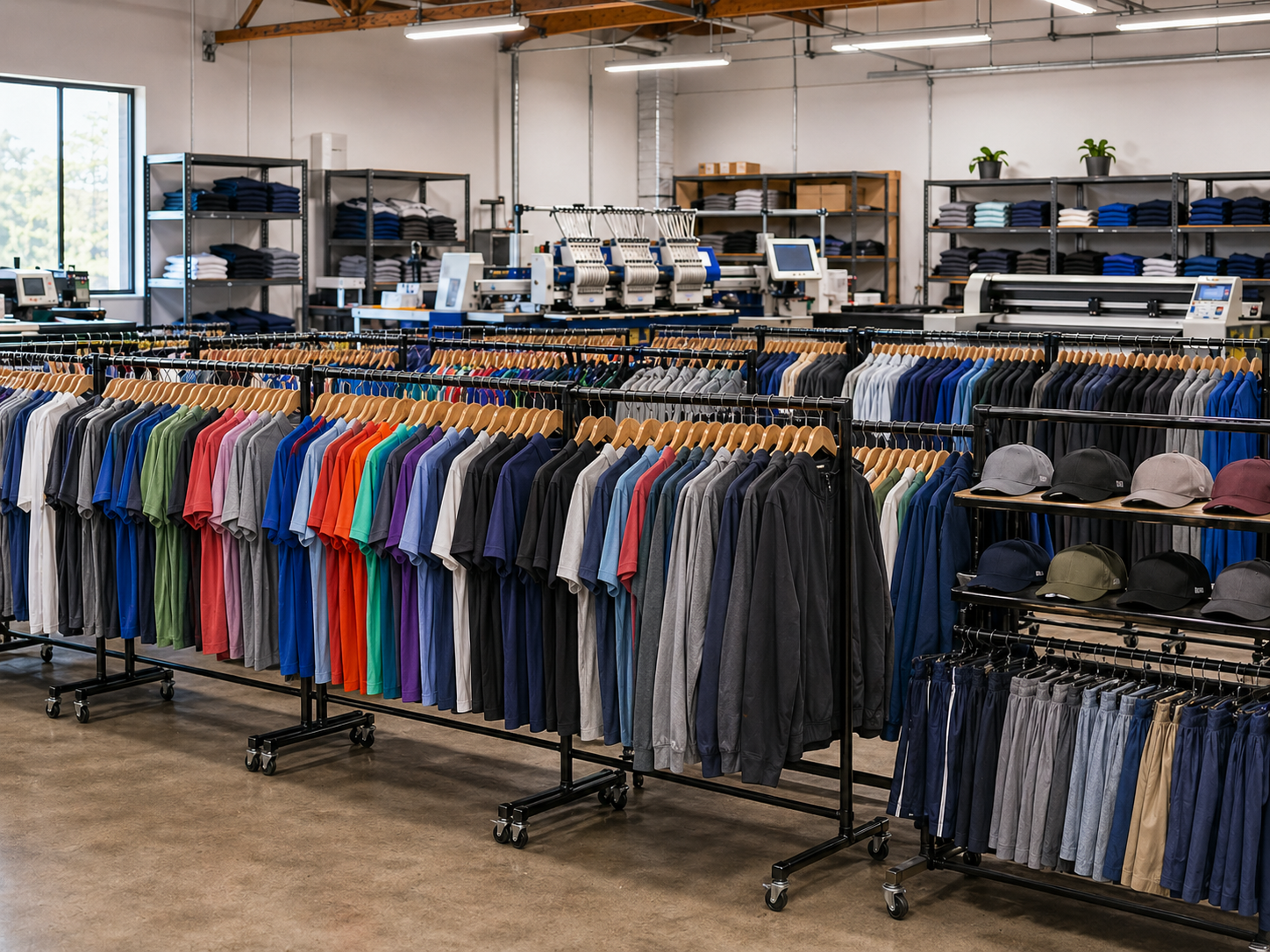 Apparel showroom — t-shirts, hoodies, hats, and more